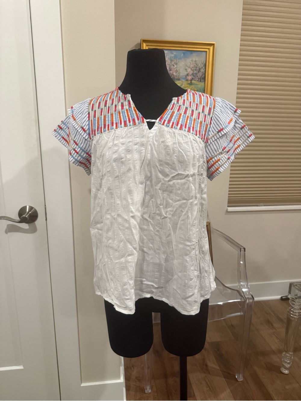 THML White Short-Sleeve Peasant Top with Multicolor Stripe Yoke